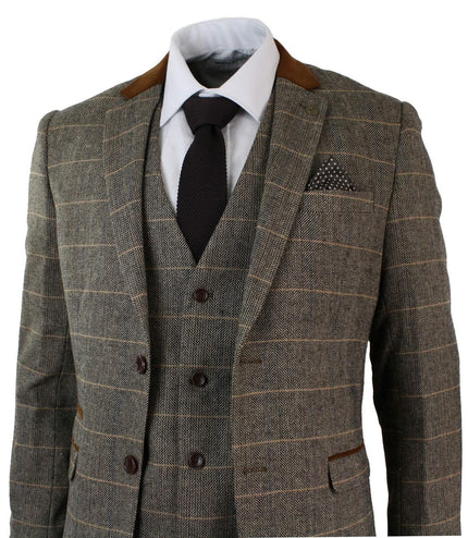 Mens 3 Piece Tan Tweed Check Suit