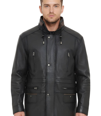 Mens Soft Italian Leather Parka Coat-Winnipeg - Black-Brown
