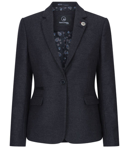 Womens Black Herringbone Check Tweed Wool Blend Blazer