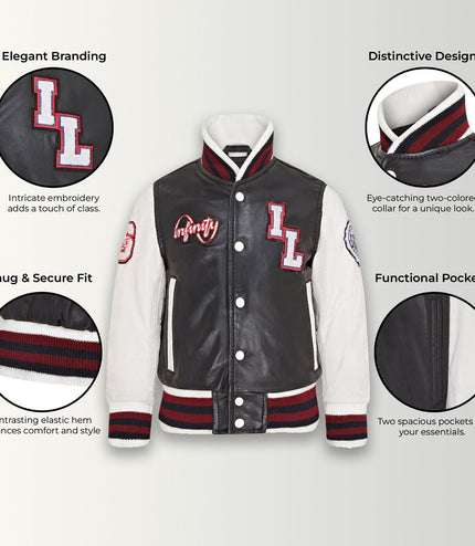 Kids Black Letterman Leather Varsity College Bomber Jacket
