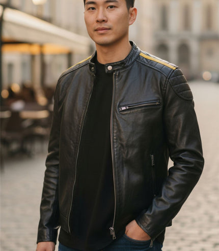 Men's Classic Quilted Black Yellow Leather Biker Jacket - Meridian