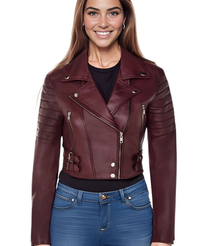 Womens Cropped Brando Leather Biker Jacket-Damascus - Burgundy