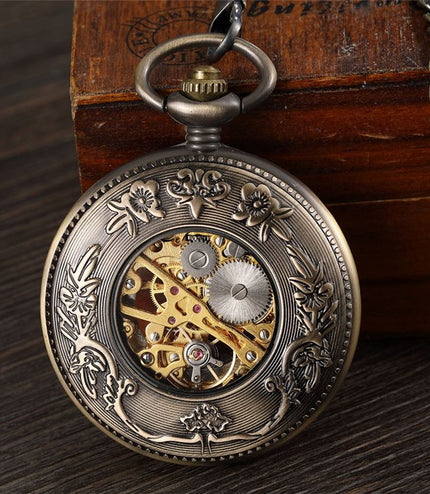Antique Gold Wooden Half-Hunter Skeleton Alloy Pocket Watch