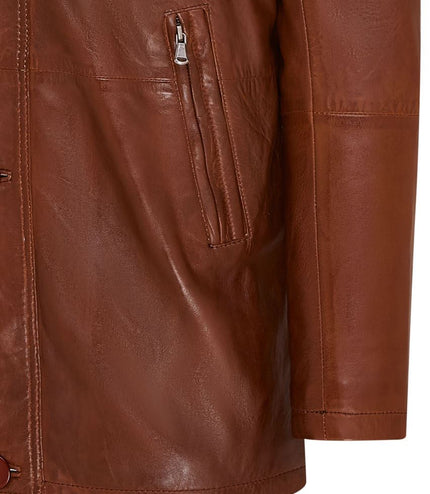 Mens Leather Jacket Classic Trench Coat with Removable Collar Mid Length Warm Overcoat - Tan