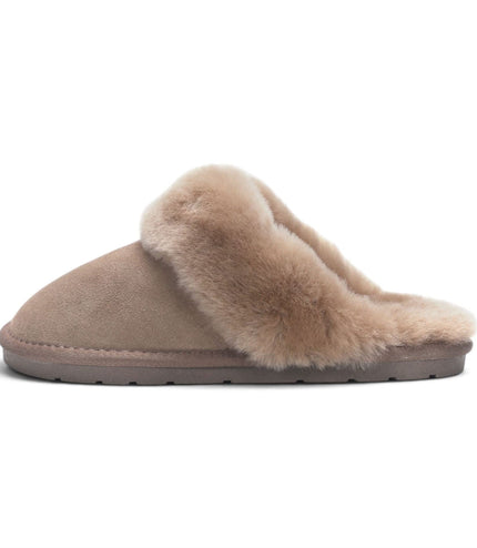 Women's Genuine Sheepskin Taupe Suede Mule Winter Slippers - Luna