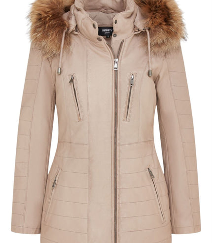 Womens Slim Fit Leather Hooded Parka Jacket-Northam - Beige