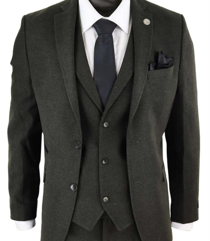 Mens 3 Piece Olive Green Wool Tweed Vintage Retro Suit