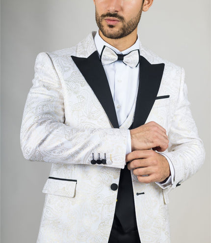 Men's 4 Piece White Paisley Wedding Suit Tailor Fit
