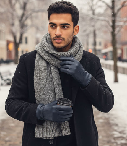 Men's Black Italian Leather Warm Wool Lining Winter Stich Design Gloves - M-LGV-205