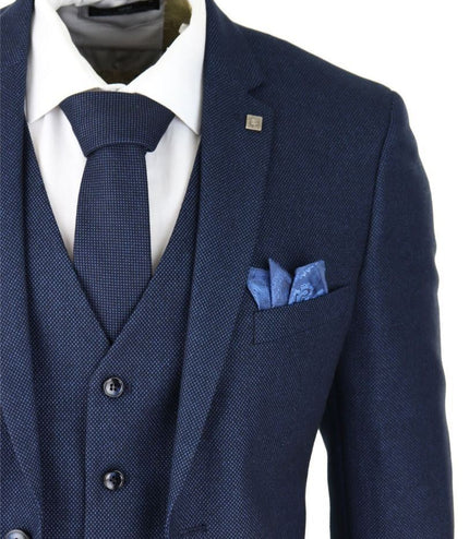 Mens 3 Piece Navy Blue Birdseye Tweed Classic Suit