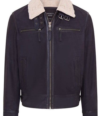 Mens Real Sheep Suede Bomber Jacket Aviator Jacket with Fur Lining - Blue
