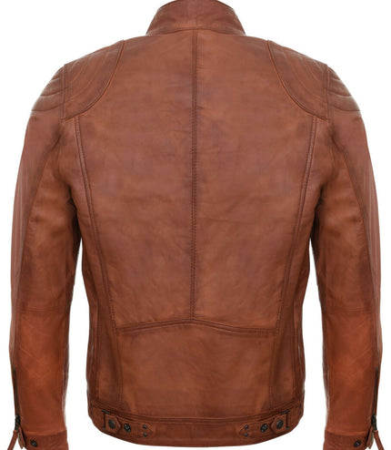 Mens Moto Leather Biker Jacket-Taiwan - Tan
