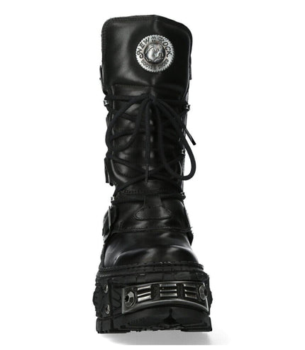 New Rock Black Mid Calf Leather Goth Boots-WALL1473-S11