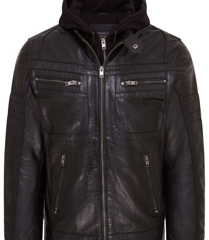 Mens Air Force Hooded Bomber Aviator Real Leather Flight Bomber Jacket - Black