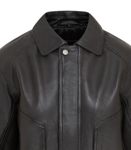 Womens Black Leather Biker Bomber Oversized Jacket - Blouson