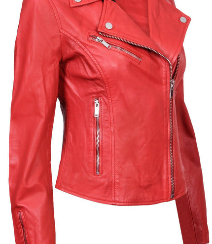Womens Leather Classic Biker Brando Jacket-Baku - Red