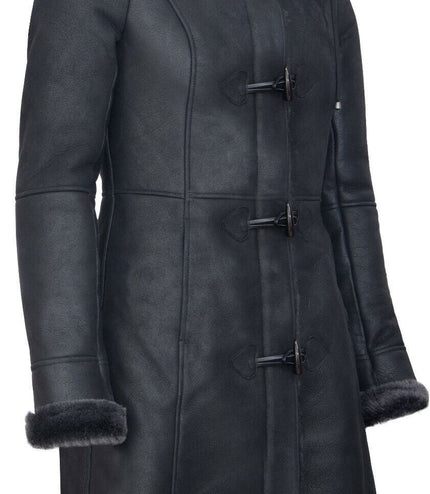 Womens Black Sheepskin Hooded Duffle Coat-Ottawa