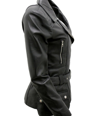 Womens Long Leather Biker Jacket-Quito - Black