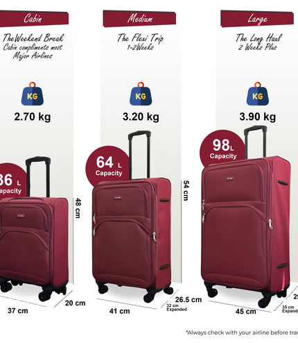 Gosford Set of 3 Soft Shell Suitcase in Burgundy Red