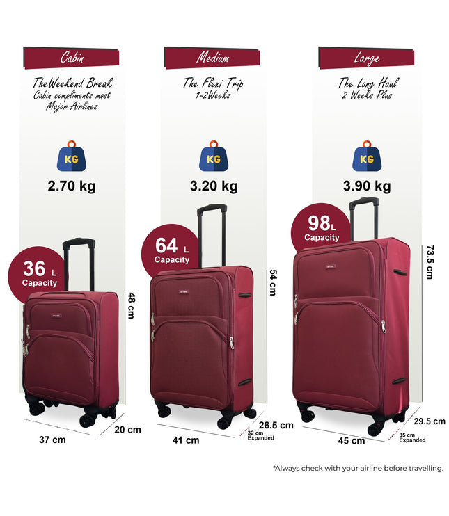Gosford Set of 3 Soft Shell Suitcase in Burgundy Red