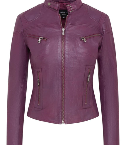 Womens Slim-Fit Leather Biker Jacket-Maldon - Purple
