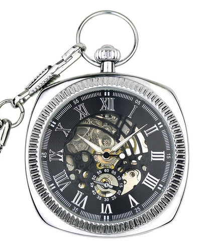 Mechanical Silver Vintage Skeleton Square Open-Face Pocket Watch
