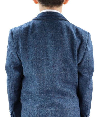 Boys 3 Piece Blue  Herringbone Tweed Check Classic  Suit