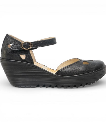 Fly London Women's Yuna Black Leather Wedge Sandals
