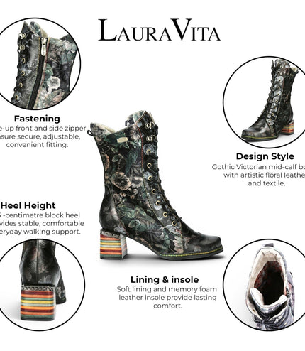 Laura Vita Women's Goth Victorian Floral Black Leather High Lace-Up Boots - Ibcano-15