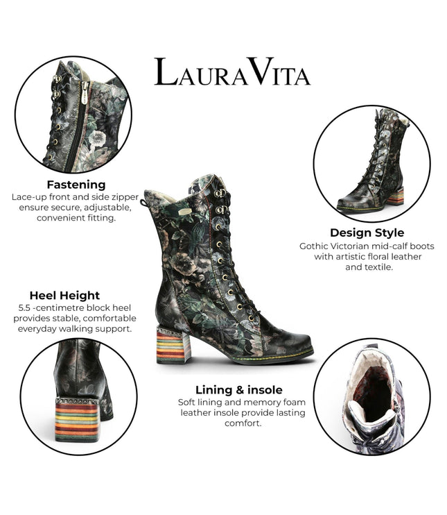 Laura Vita Women's Goth Victorian Floral Black Leather High Lace-Up Boots - Ibcano-15