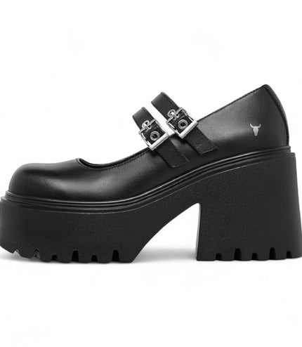 Windsorsmith Womens Black Leather Chunky Platform Mary-Jane Heel Shoes - Lessons