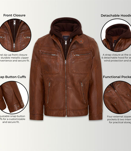 Mens Air Force Hooded Bomber Aviator Real Leather Flight Bomber Jacket - Tan