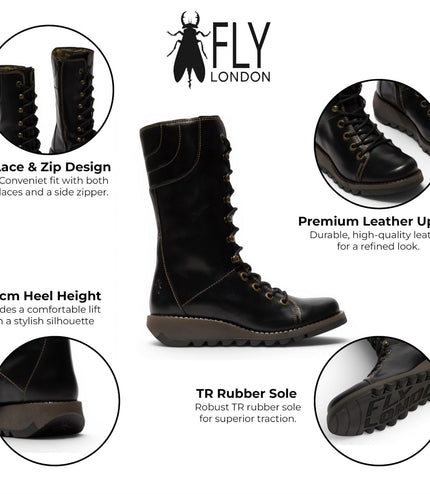 Fly London Women’s Black Leather Lace-Up Combat Ankle Boots- STER768