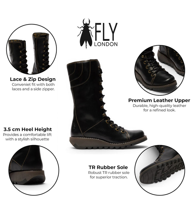 Fly London Women’s Black Leather Lace-Up Combat Ankle Boots- STER768