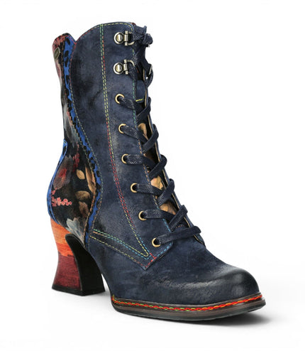 Laura Vita Women's Goth Victorian Floral Blue Leather Lace-Up Heeled Boots - Eleao-42