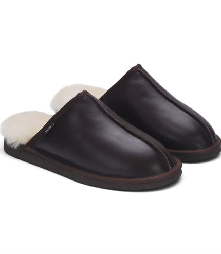 Men's Brown Genuine Lamb Leather Slippers Real Fur Mule Winter Slippers - Highland