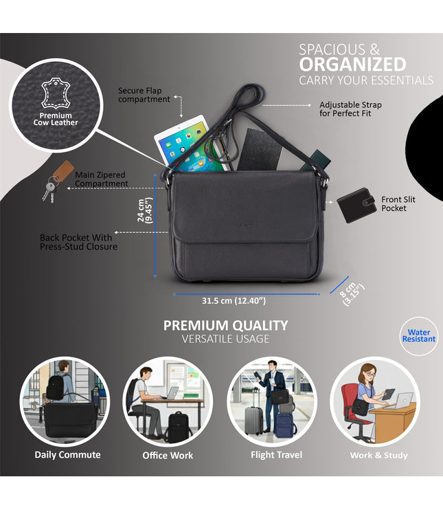 Genuine Leather Black Laptop Bag Travel Work Messenger Satchel - Camden