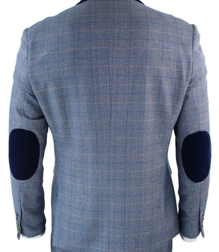 Mens 3 Piece Blue Grey Herringbone Check Suit