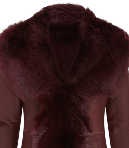 Womens Burgundy Red Toscana Sheepskin Leather Hooded Trench Coat - Coast