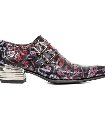 New Rock Vintage Red Floral Leather Buckle Shoes - 7960-S6