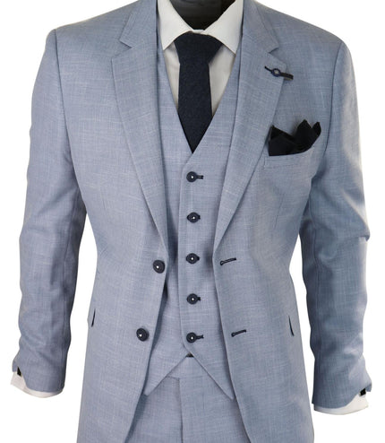 Mens 3 Piece Linen Suit Light Blue Summer Tailored Fit Wedding Prom Classic Suit
