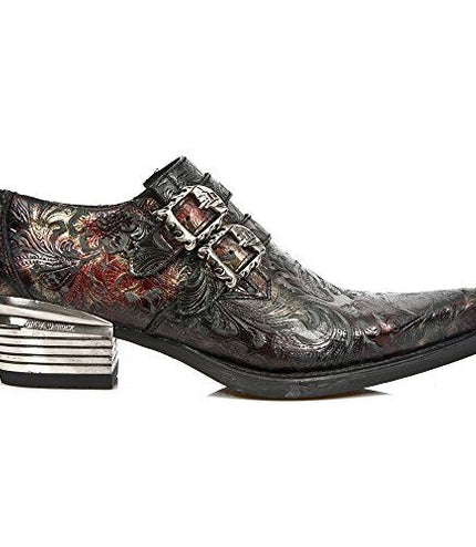 New Rock Embossed Black/Red Leather Buckled Shoes -7960-S5