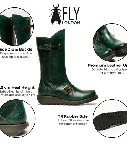 Fly London Womens Green Mes 2 Wedge Heel Buckle Mid-Calf Leather Zip Platform Boots