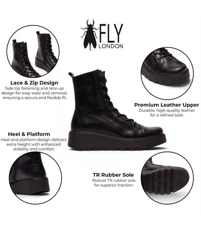 Fly London Womens Black Leather Lace-Up Wedge Heel Combat Boots - TERY554