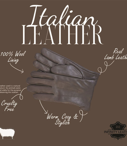 Men's Brown Italian Leather Warm Wool Lining Winter Gloves - M-LGV-305