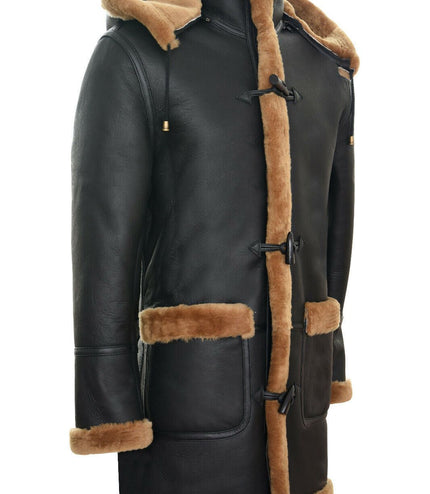 Mens Winter Sheepskin Hooded Duffle Coat-Helsinki - Brown Ginger