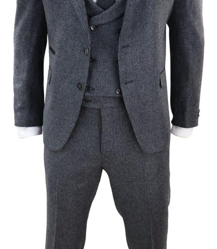 Mens Grey 3 Piece Tweed Suit Vintage Harringbone 1920s Retro Peaky Blinders