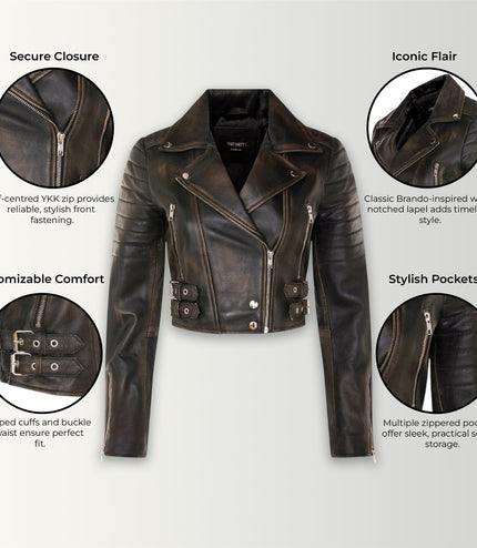Womens Cropped Brando Leather Biker Jacket-Damascus - Vintage Black