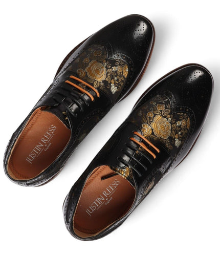 Justin Reess Men's Black Leather Floral Print Brogue Dress Shoes - Ross