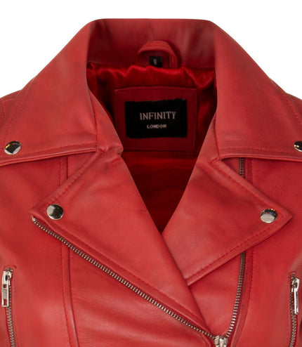 Womens Cropped Brando Leather Biker Jacket-Damascus - Red